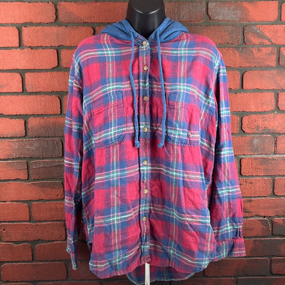 American Eagle Hoodie Womans Medium‎ Plaid Distressed